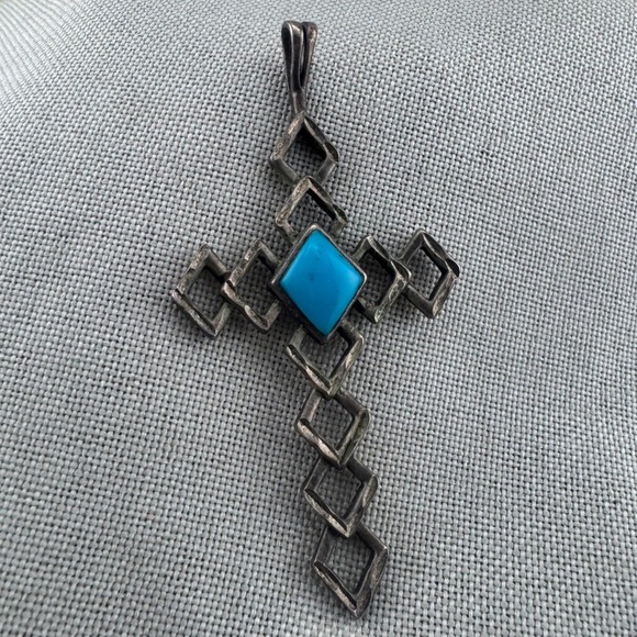 Jewelry - Sterling Silver Turquoise Geometric Cross Pendant Southwestern Textured 2.75"